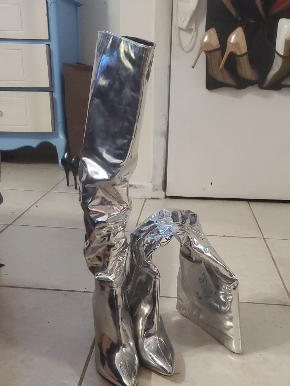 Silver Metallic Thigh High Pointed Toe Boots